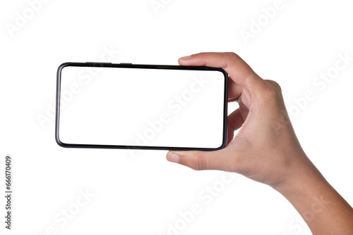 Horizontal hold blank screen smartphone in hand isolated on white background with clipping path