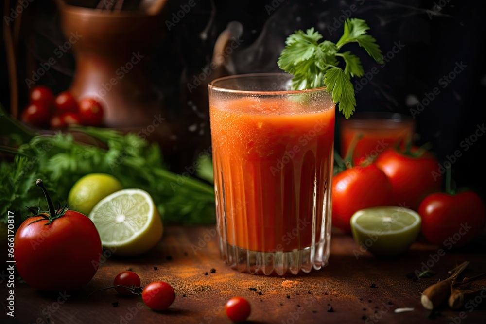 a glass filled with a liquid next to tomatoes and limes. generative ai a glass filled with a liquid next to tomatoes and limes. generative ai