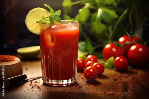  a glass of tomato juice with a lime wedge on top of it.  generative ai