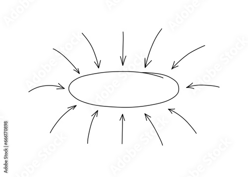 Thin line oval highlight with arrows pointing to center. Vector black line illustration isolated on white background.