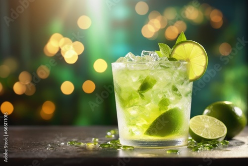  a glass of limeade with limes and a lime slice.  generative ai