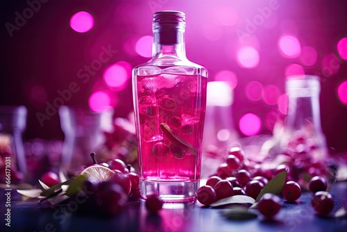  a bottle of pink liquid surrounded by cherries and leaves. generative ai