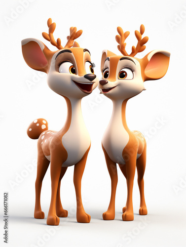 Two 3D Cartoon Deer in Love on a Solid Background