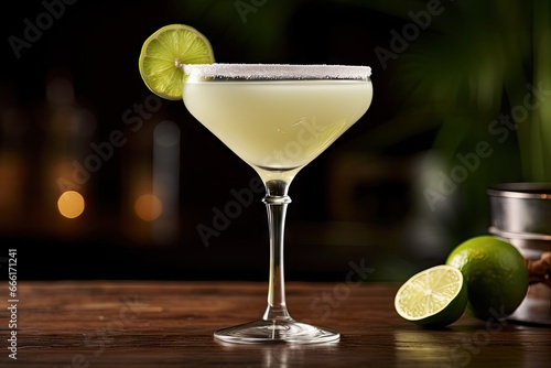  a margarita cocktail with a lime wedge on the rim and a can of rum. generative ai