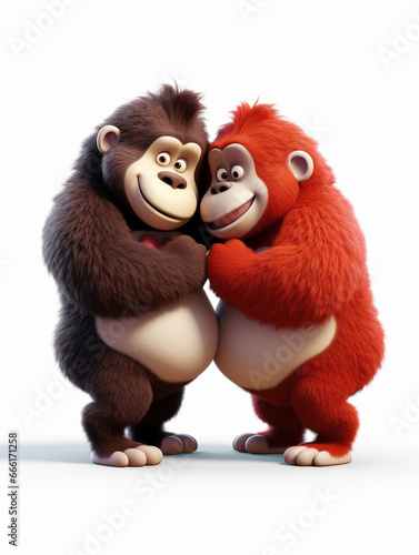 Two 3D Cartoon Gorillas in Love on a Solid Background