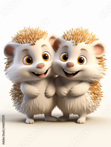 Two 3D Cartoon Hedgehogs in Love on a Solid Background