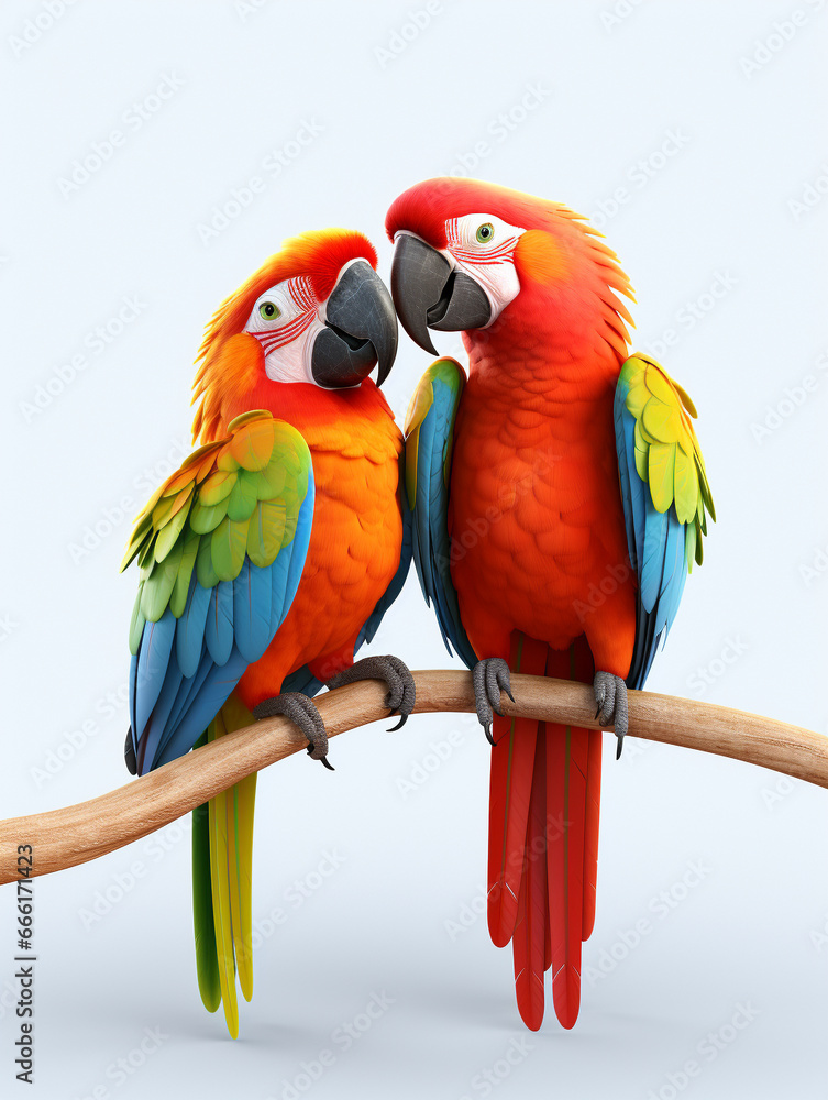 Two 3D Cartoon Macaws in Love on a Solid Background