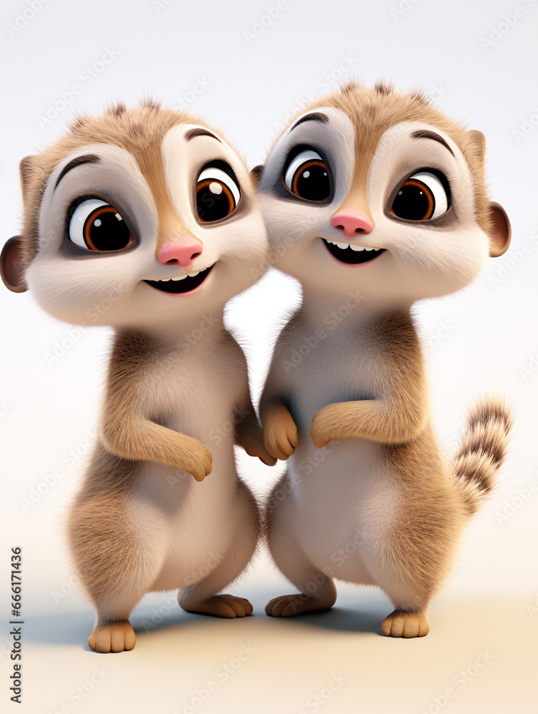 Two 3D Cartoon Meerkats in Love on a Solid Background Two 3D Cartoon Meerkats in Love on a Solid Background