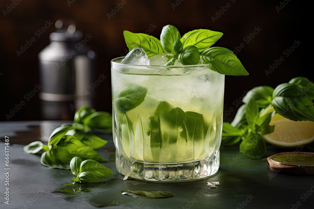 a glass of mojito with basil and lime on a table. generative ai a glass of mojito with basil and lime on a table. generative ai