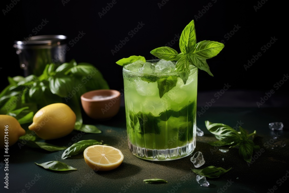 a green drink with mint and lemon on a black table. generative ai a green drink with mint and lemon on a black table. generative ai