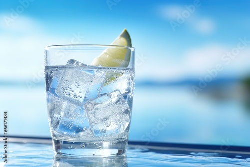 a glass of water with ice and a lime slice on the rim. generative ai