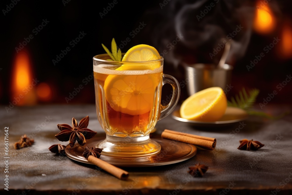 a cup of tea with lemon and cinnamon on a table. generative ai a cup of tea with lemon and cinnamon on a table. generative ai