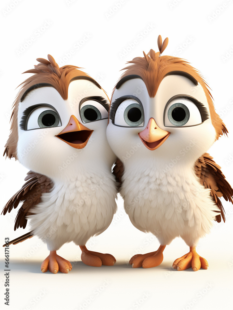 Two 3D Cartoon Sparrows in Love on a Solid Background Two 3D Cartoon Sparrows in Love on a Solid Background