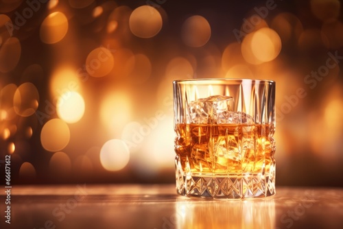  a glass of whiskey on a table with a blurry background. generative ai