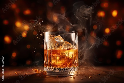  a glass of whiskey with ice on a wooden table with smoke coming out of it. generative ai