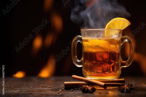  a cup of tea with a lemon slice and cinnamon sticks. generative ai