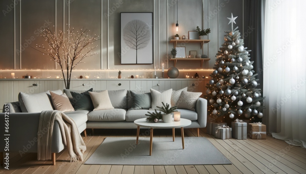 An enchanting holiday oasis, adorned with a towering christmas tree, cozy loveseat, and elegant interior design, exuding warmth and cheer from every corner of the indoor den - obrazy, fototapety, plakaty 