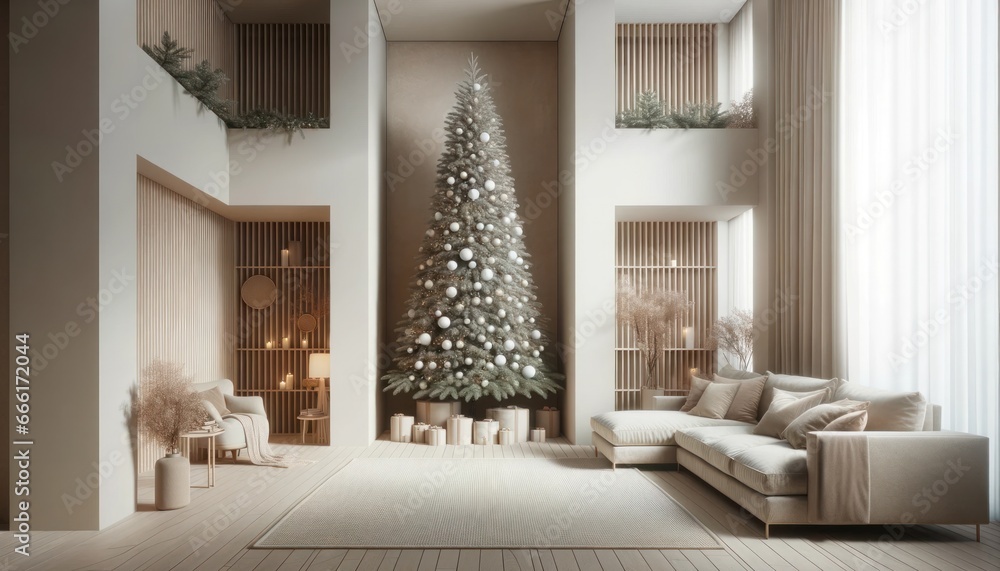 The festive christmas tree stood tall against the wall, bringing warmth and cheer to the stylishly designed room, its twinkling lights reflecting off the windows and casting a cozy glow The festive christmas tree stood tall against the wall, bringing warmth and cheer to the stylishly designed room, its twinkling lights reflecting off the windows and casting a cozy glow