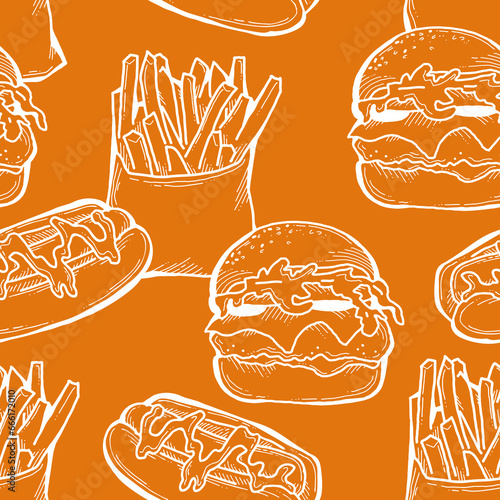 Fast food seamless vector pattern with hamburger, french fries, hot dog. Decorative design for wrapping paper, fabric print, digital background. Hand drawn doodle style cartoon illustration.