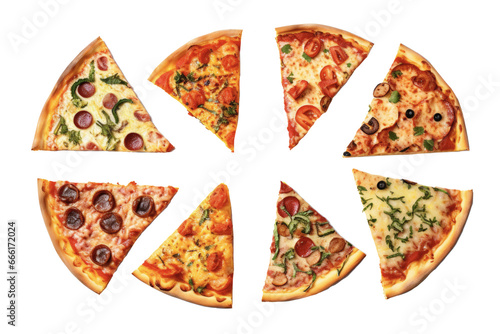 Many variations of  pizza slices isolated on the transparent background.