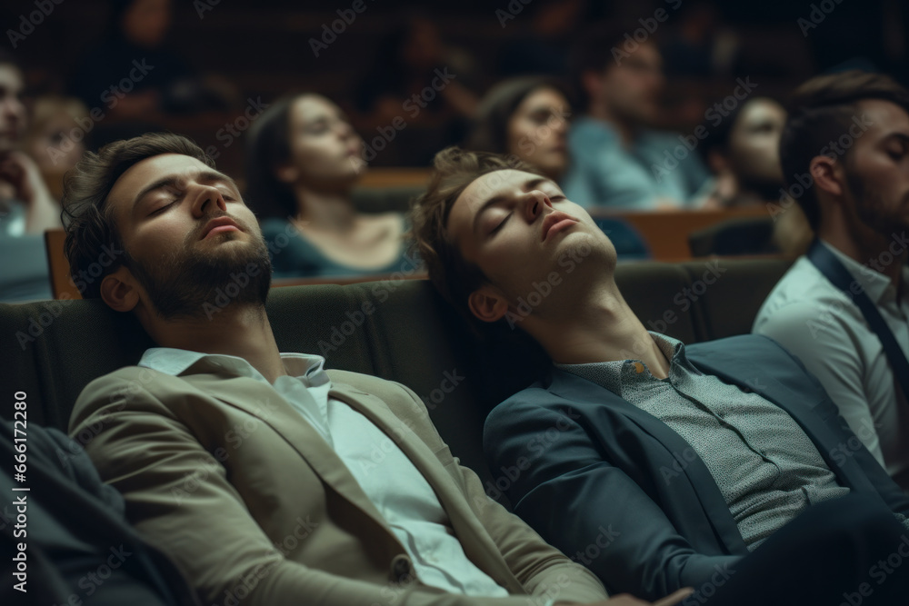 Men sleeping during an indoor event. Men sleeping during an indoor event.