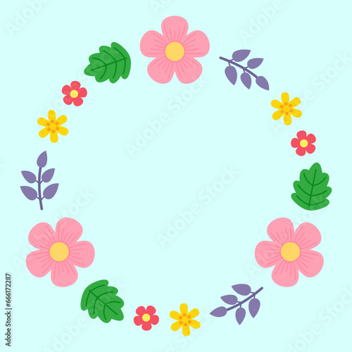 Vector Illustration of Floral Wreath. Spring Flower Circle Frame in Cartoon Illustration