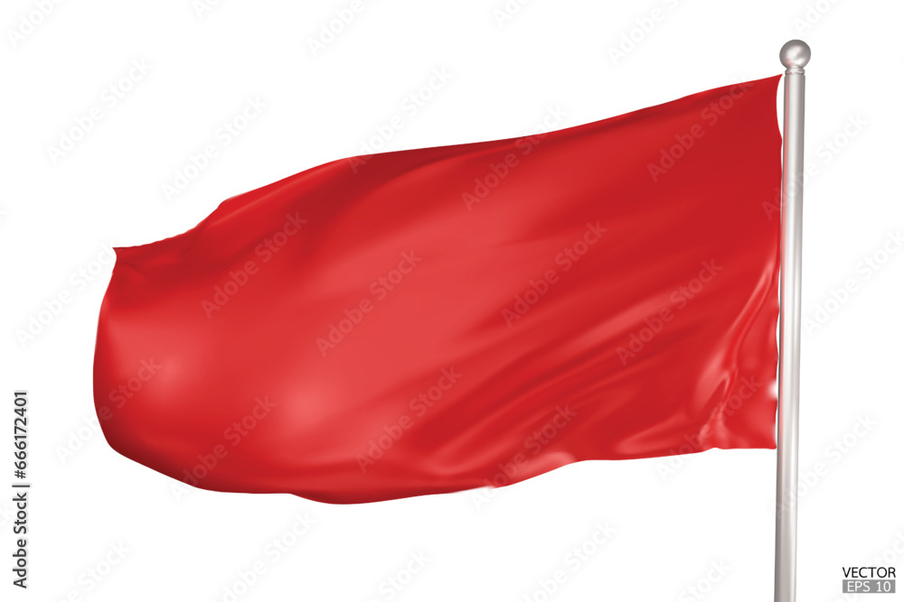 Blank red flag on white background. A red flag waving in the wind on the flagpole. Red flag