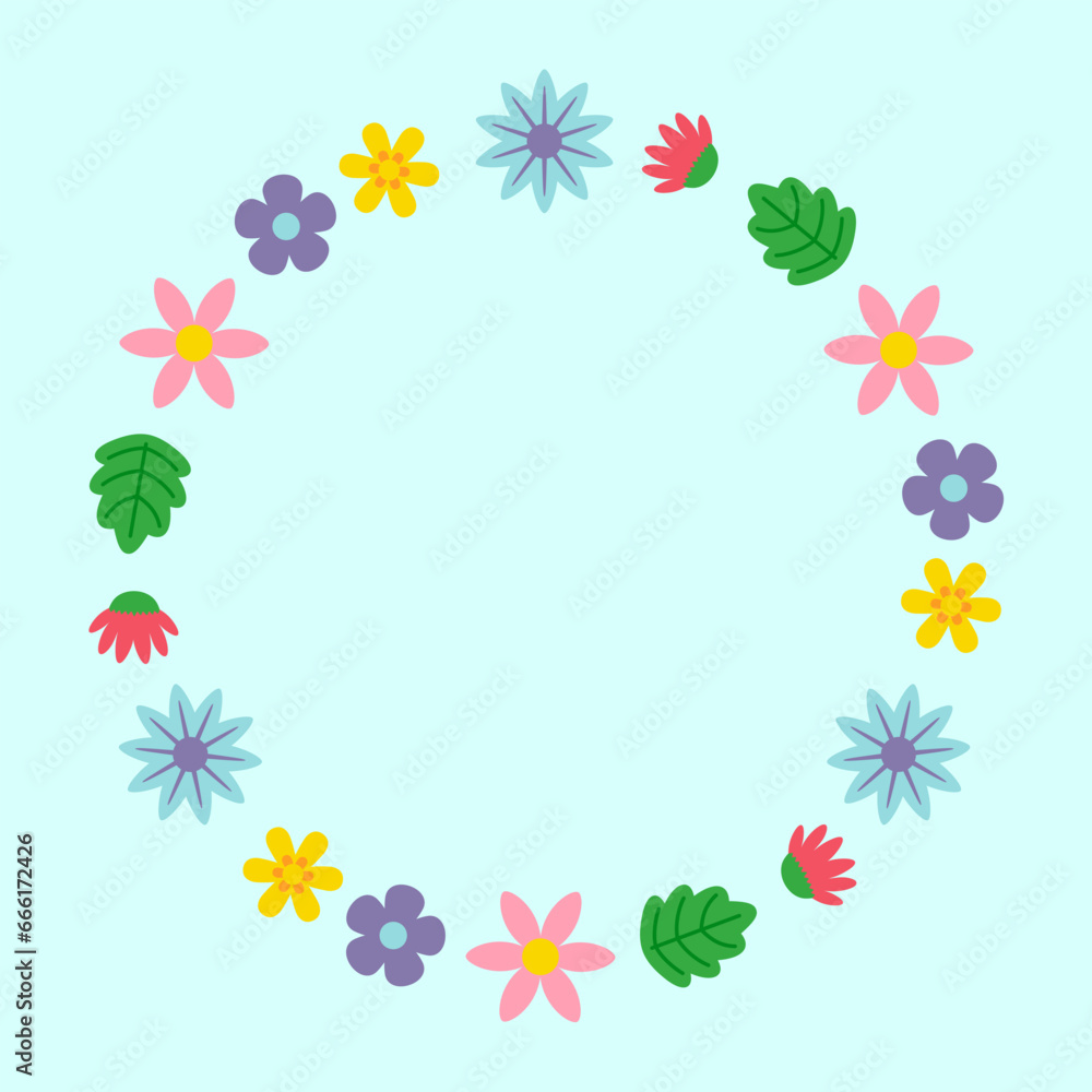 Floral Wreath in Flat Style. Vector Illustration of Spring Flower Frame for Wedding Invitation.