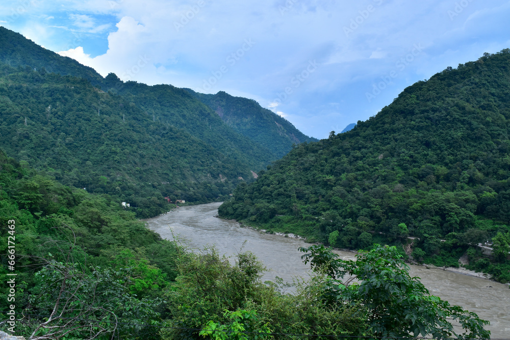 Mountain view of uttrakhand with ganga river