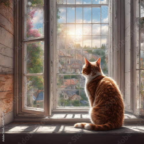 Cat staring at the window, generative ai