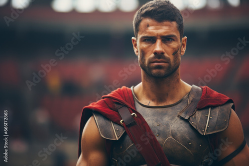 Portrait of a strong gladiator in armor in the arena.