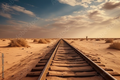 Obraz na plátně Stunning sandy desert scenery with long railways stretching into the distance