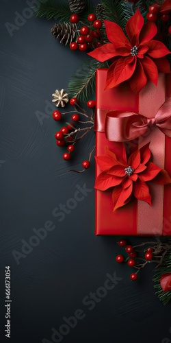 Christmas Poinsettia flower, berries, gift box closeup on a black background with copy space, top view, Merry Christmas and Happy New Year concept.