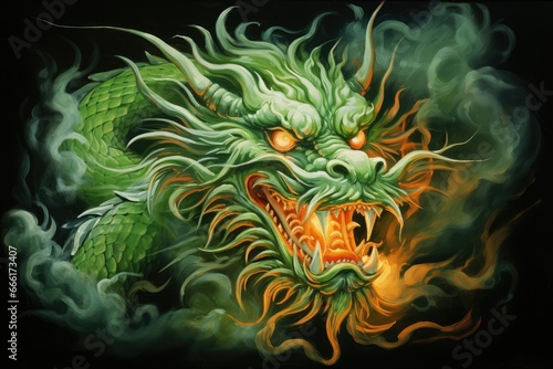 Green dragon with glowing eyes breathing fire on a black background closeup, fictional frightening character, symbol of the chinese new year 2024