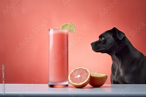  a dog sitting next to a glass of blood orange juice.  generative ai