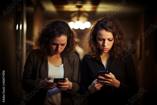 women with a disgusted face checking the contents of her mobile phone