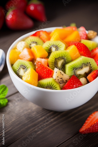 Bowl of fruit salad close up.