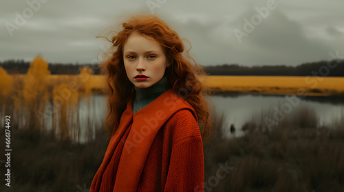 top model in the middle of a forest in autumn, cinematographic look