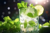  a glass of ice water with mint and lime on a table.  generative ai