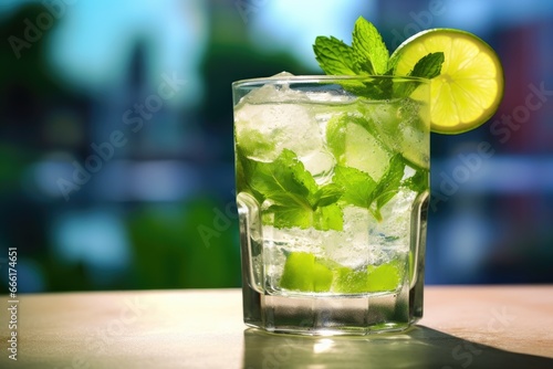  a glass of ice water with a lime slice and mint. generative ai