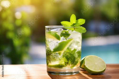  a glass of water with lime and mint on a table. generative ai