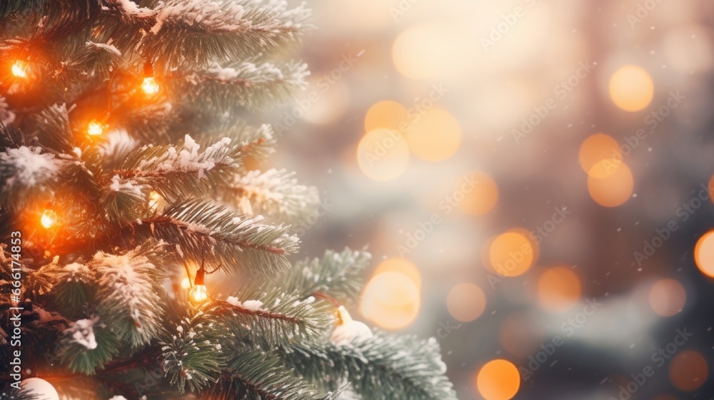 Festive Winter Decorations with Illuminated Christmas Tree in Snowy Season generated by AI tool 