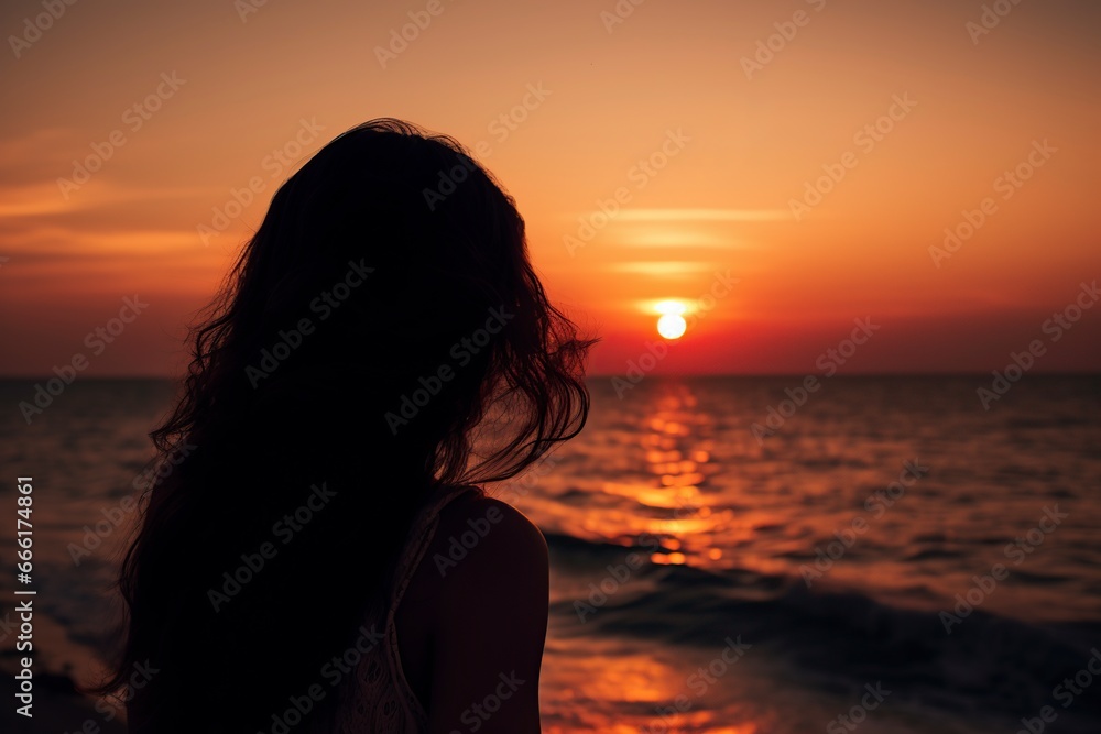 woman looking at the sea and a beautiful moon in the sky