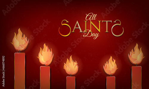 All Saints' Day Greeting card banner. Artistic lit candles with All Saints' day typographic design. Five candlelight illustration with stained mirror fire concept. Vector Illustration.