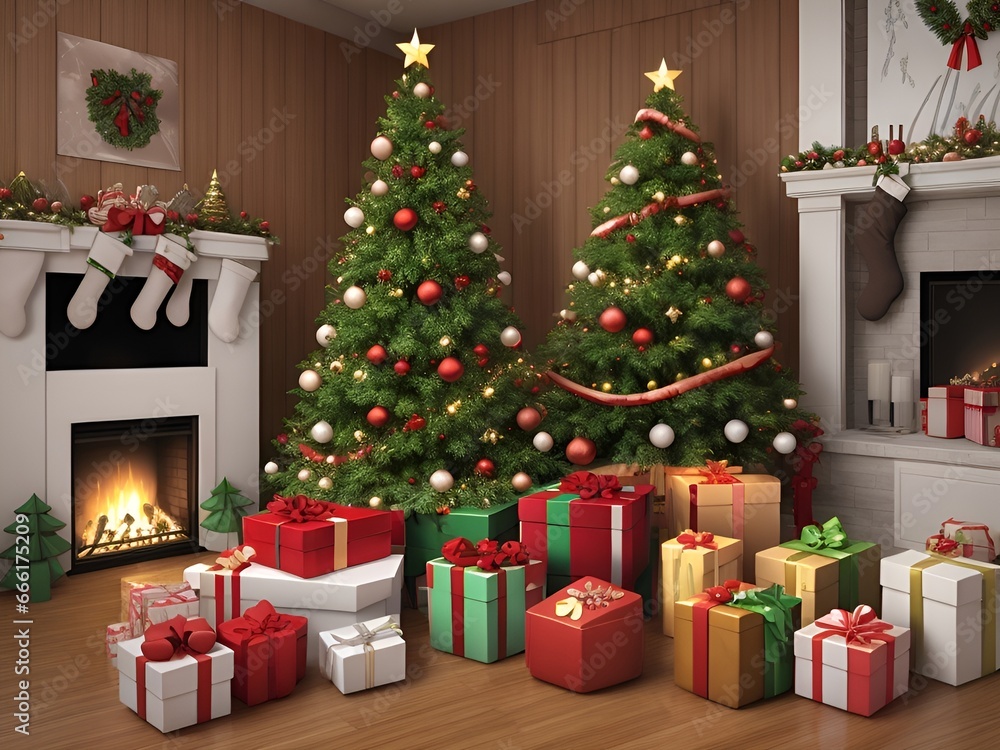 Realistic  Render Of White Pine With Decorati christmes tree and gift generative ai 