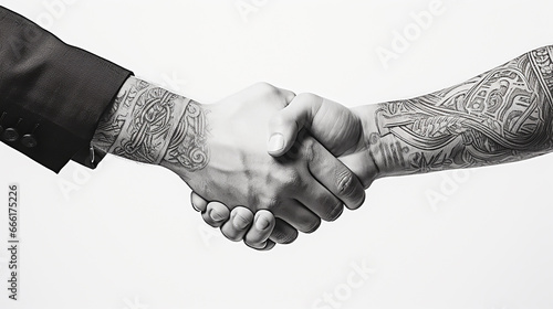 Tattoo Handshake two businessmen signifies successful agreement White Background. Generative AI