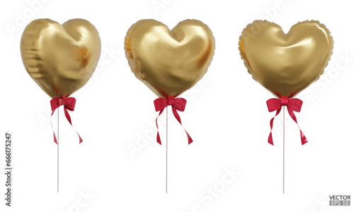 Set of realistic gold heart balloons with red rbbon isolated on background. Helium golden heart balloons clipart for anniversary, birthday, wedding, Christmas, card  party 3D vector