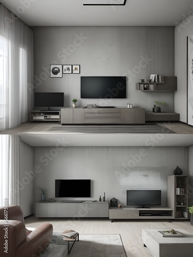 Living room interior, cabinet for TV, generative AI, 