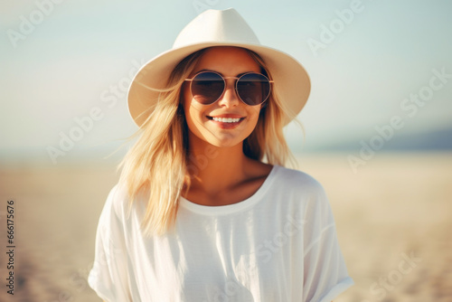 Smiling young woman in hat and sunglasses on beach. Summer holidays, vacation, travel and people concept 