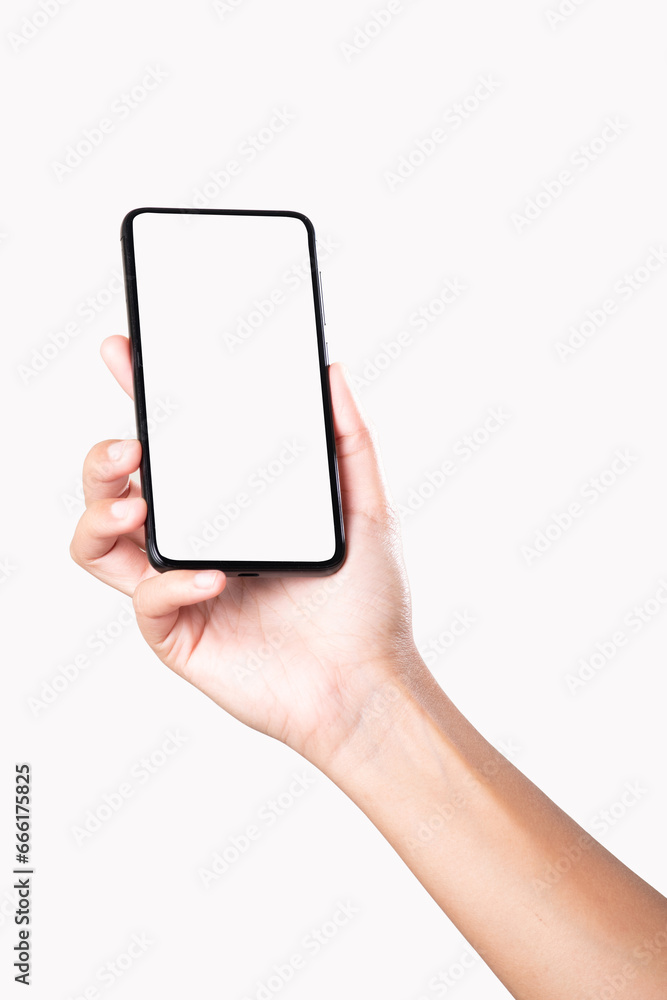 Empty screen smartphone in hand isolated on white background with clipping path